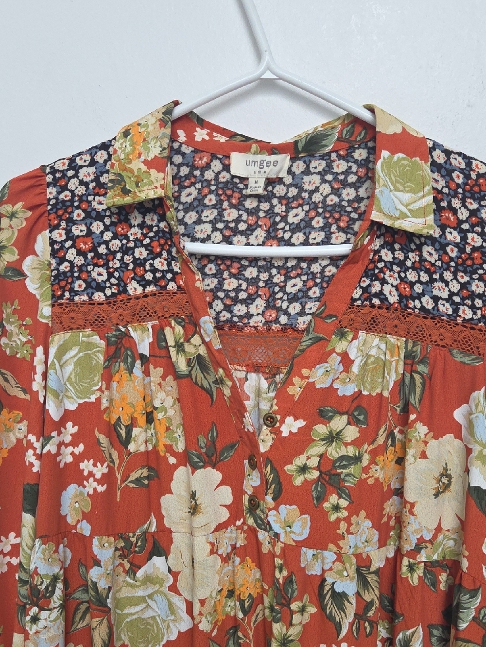 UMGEE Babydoll Teir Dress Rust Peasant Top Tunic Boho Floral Paisley Tiered Sz M - Picture 8 of 14